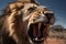 Up-close and dynamic shot of a roaring lion\\\'s face, captured with a wide-angle lens. Generative AI