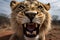 Up-close and dynamic shot of a roaring lion\\\'s face, captured with a wide-angle lens. Generative AI