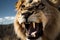 Up-close and dynamic shot of a roaring lion\\\'s face, captured with a wide-angle lens. Generative AI