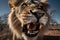 Up-close and dynamic shot of a roaring lion\\\'s face, captured with a wide-angle lens. Generative AI