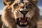 Up-close and dynamic shot of a roaring lion\\\'s face, captured with a wide-angle lens. Generative AI