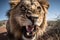 Up-close and dynamic shot of a roaring lion\\\'s face, captured with a wide-angle lens. Generative AI