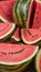 An up-close look at a cluster of ripe, vibrant watermelons with intricate, textured details