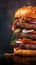 Up close look at tempting handmade burger on dark background