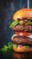 Up close look at tempting handmade burger on dark background