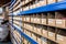 Up close view of pigeon holes used in a factory warehouse for storage of the raw materials. Warehouse, stores, storage, raw