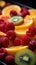 An up close view of a vibrant assortment of freshly sliced fruits at iconic La Boqueria Market in Barcelona