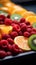 An up close view of a vibrant assortment of freshly sliced fruits at iconic La Boqueria Market in Barcelona