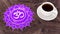 Ð¡up of coffee on a wooden table. Morning Chakra Meditation. Sahasrara symbol 3d illustration