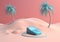 up concept creative mock sea sand phone palm summer cyber holiday. Generative AI.