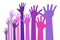 Up hands bright colorful distort icon. Raised hands in perspective. Vector logo distorted illustration. Violet pink