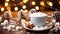 ?up of hot chocolate with marshmallows on a rustic wooden table, cozy Christmas atmosphere