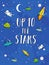Up to the Stars. Blue Galaxy Vector Illustration with UFO, Rockets, Astronauts, Stars, Moon and Planets.