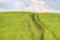 An Uphill Country Dirt Road Winding in Tall Grass in Altai Mountains, Kazakhstan, on Early Summer Morning with Dramatic Cloudscape