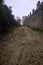 Uphill dirt path bordered by an olive tree grove and an ancient boundary wall on a cloudy day