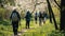 An uplifting image capturing a cluster of senior citizens engaging in Nordic walking amidst the spring blooms of a park