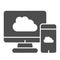 Upload devices solid icon. Cloud synchronize between computer and smartphone. Internet technology vector design concept