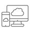 Upload devices thin line icon. Cloud synchronize between computer and smartphone. Internet technology vector design