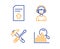 Upload file, Hammer tool and Consultant icons set. Search sign. Load document, Repair screwdriver, Call center. Vector