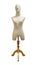 Upper body female mannequin unclothed on wooden tripod isolated on white background with clipping path