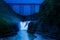 Upper Falls and a train bridge during twilight, at Letchworth State Park, NY.