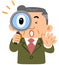 The upper half of the businessman`s middle age surprised at peering into the magnifying glass