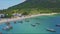 Upper panorama calm sea with ships boats and green coast