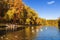 Upper Tsaritsyn pond with floating ducks, geese and swans in autumn. Tsaritsyno Museum-reserve. Moscow