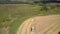 Upper view modern green and white combines gather wheat