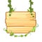 Upper wooden sign in the jungle. Suspended on vines. Empty board with place for text. With wood texture. Cartoon style