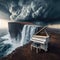 Upright piano sits on cliff edge in dramatic music display, against powerful skies