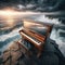 Upright piano sits on cliff edge in dramatic music display, against powerful skies