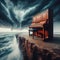 Upright piano sits on cliff edge in dramatic music display, against powerful skies