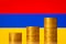 Uprising graph of coin stacks against flag of Armenia