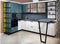 Upscale Aqua Menthe kitchen in luxury home with breakfast bar counter flat wooden panels design