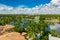 Upscale homes in Miami Beach waterfront with palm trees