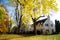 Upscale neighborhood colorful fall foliage of yellow maple trees, two story houses, thick rug of autumn leaves along quite