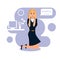 Upset businesswoman in mask kneeling on office. Color vector illustration