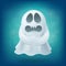 Upset cartoon ghost on blue background. Halloween party design element