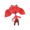 Upset devil character with big drooping ears, horns, tail and beard. Comic red demon in flat style