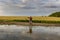 Upset farmer standing on flooded agricultural field