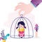 Upset girl locked in cage. Concept of family problems and overcontrol. Total control and overprotective. Parents show excessive