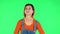 Upset girl shrugs and shakes her head negatively. Green screen