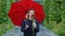 Upset girl stands under umbrella with red rose