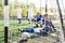 Upset goalkeeper looks at ball in goal. Football soccer tournament