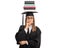 Upset graduate student with stack of books on her head