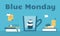Upset guy trying to hide from deadlines in coziness of a cup of tea. Blue Monday horizontal vector illustration showing