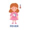 Upset kid girl in pink dress having fever flu symptom flat style