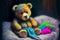 Upset sick teddy bear in bed, generative ai