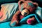 Upset sick teddy bear in bed, generative ai